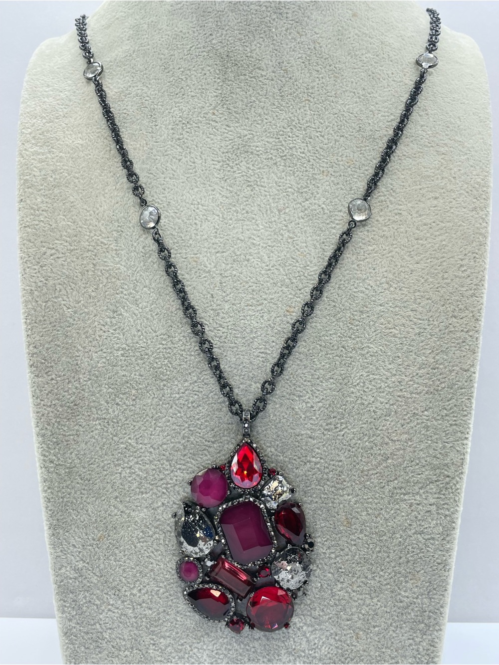White House Black Market Red Purple Crystal Gunmetal Statement Pendant Necklace